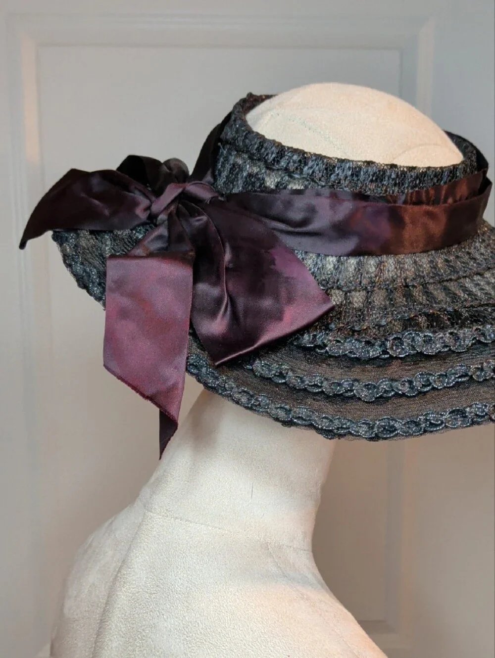 Vintage 50s Evelyn Varon Wide Brim Black Straw Hat Open Crown Satin Bow